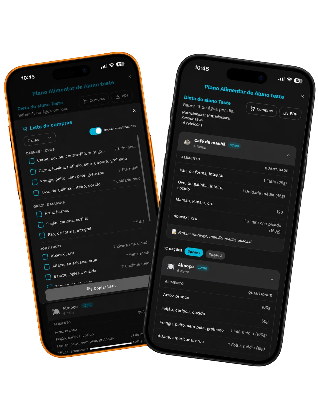 Telas do app do aluno: plano alimentar e lista de compras