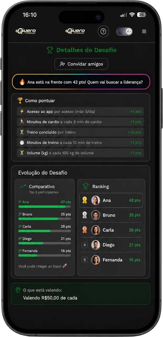 Tela de detalhes do desafio com ranking e pontuação
