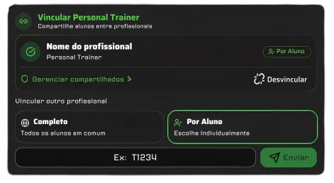 Tela de vínculo entre nutricionista e personal, com alunos compartilhados